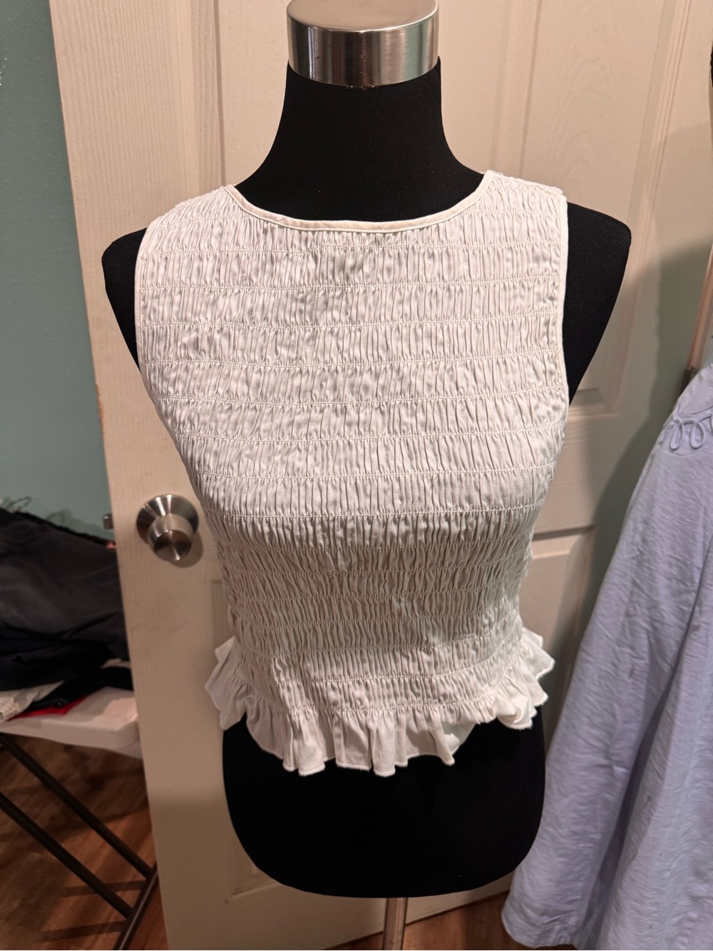 Reformation White Smocked Ruffle Hem Tank